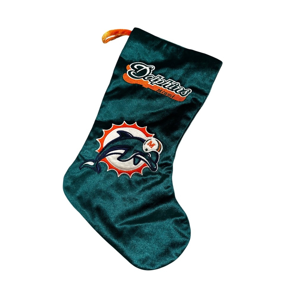 Miami Dolphins NFL Christmas Stocking Teal Velvet Embroidered Logo Holiday Decor